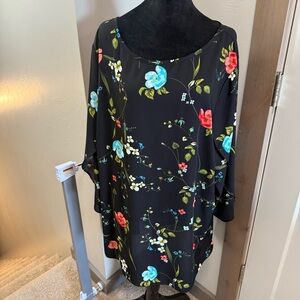 Worthington Woman Black Poppy Floral Longline‎ Tunic Blouse Flowy Half Sleeve 3X